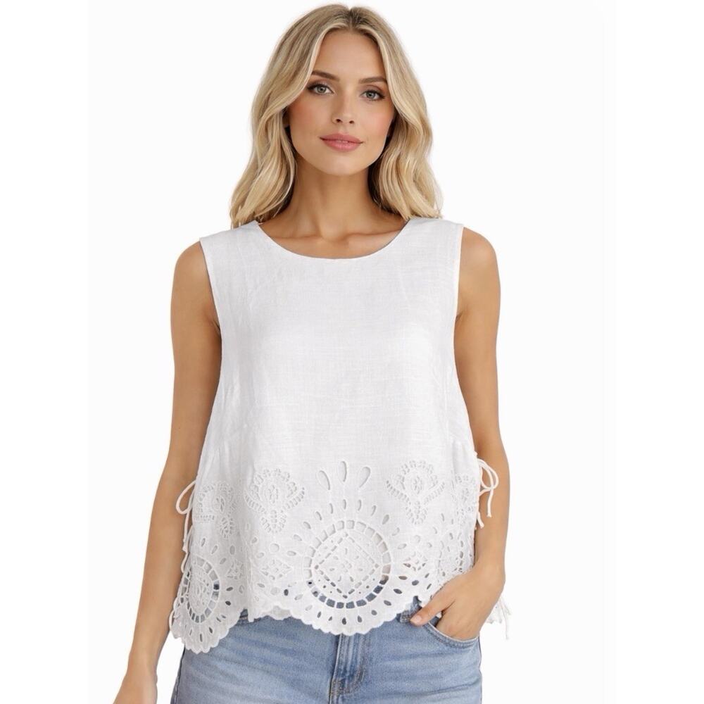 Future Collective Women’s 2X Embroidered Eyelet Side-Tie Tank Top Off-White Boho